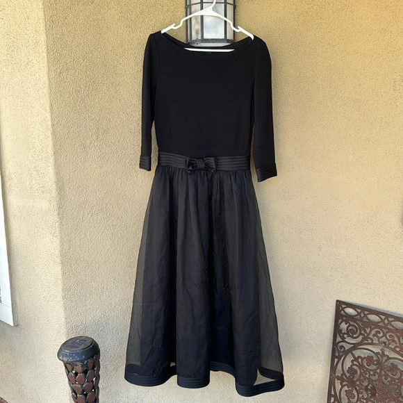 80s black Tadashi Organza and Jersey Gown tulle layers bow mid sleeve boat neck - Picture 2 of 16